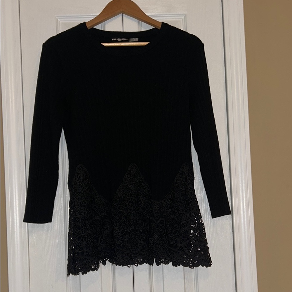 Karl Lagerfeld Paris Elegant Black Lace Overlay Hem Sweater